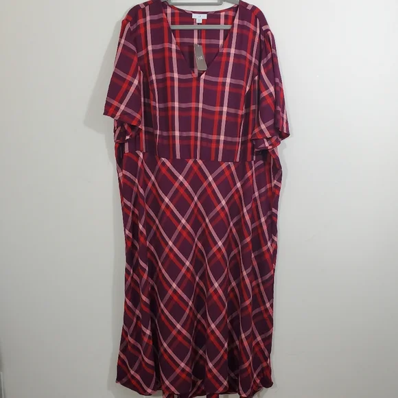NWT J. Jill Dress Plaid Red Purple Short Sleeve Boho Midi Cabincore Preppy 3X - Picture 3 of 10